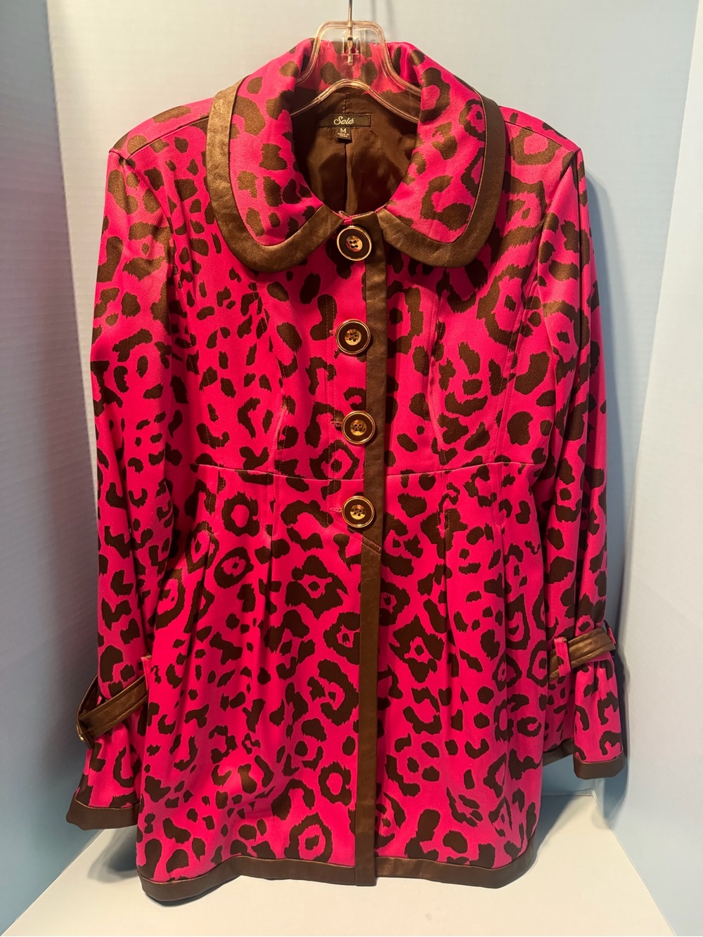 Sele Bold Pink Leopard-Print Trench Coat with Brown Trim